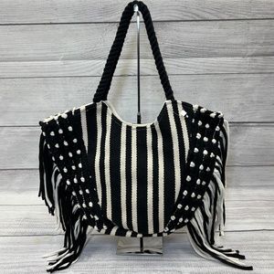 Striped Tote Bag with Fringe